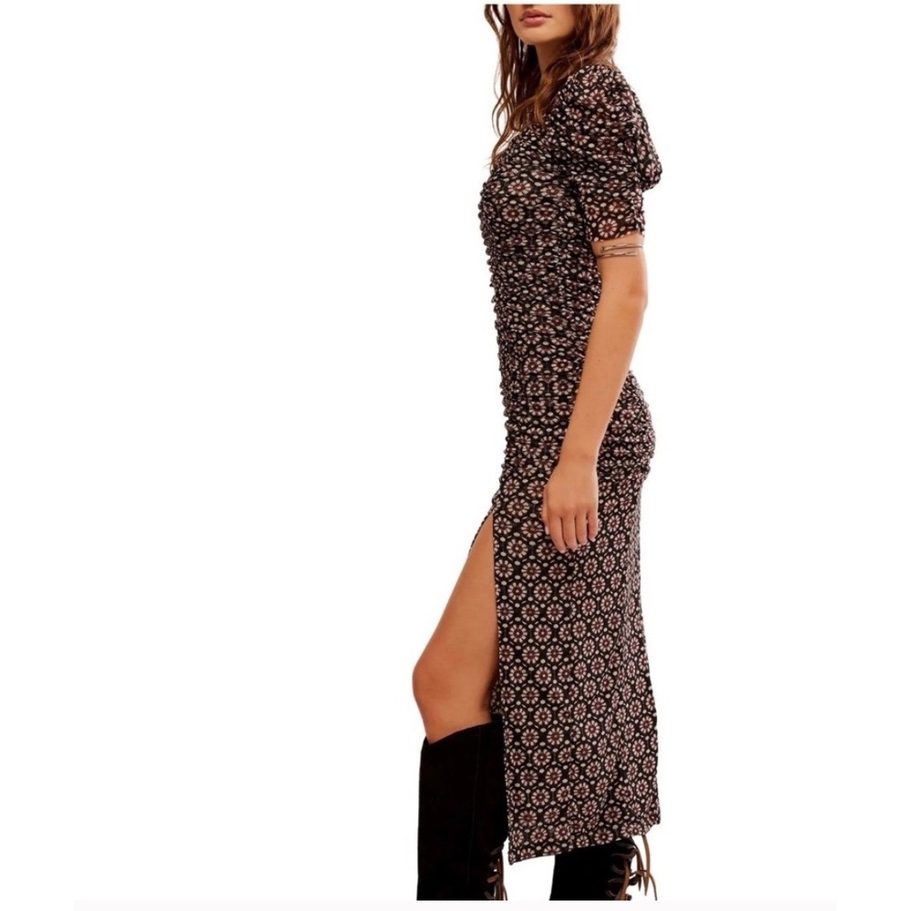 Free People Briella Ruched Floral Midi Dress Sheer Puff Sleeve High Slit Size L